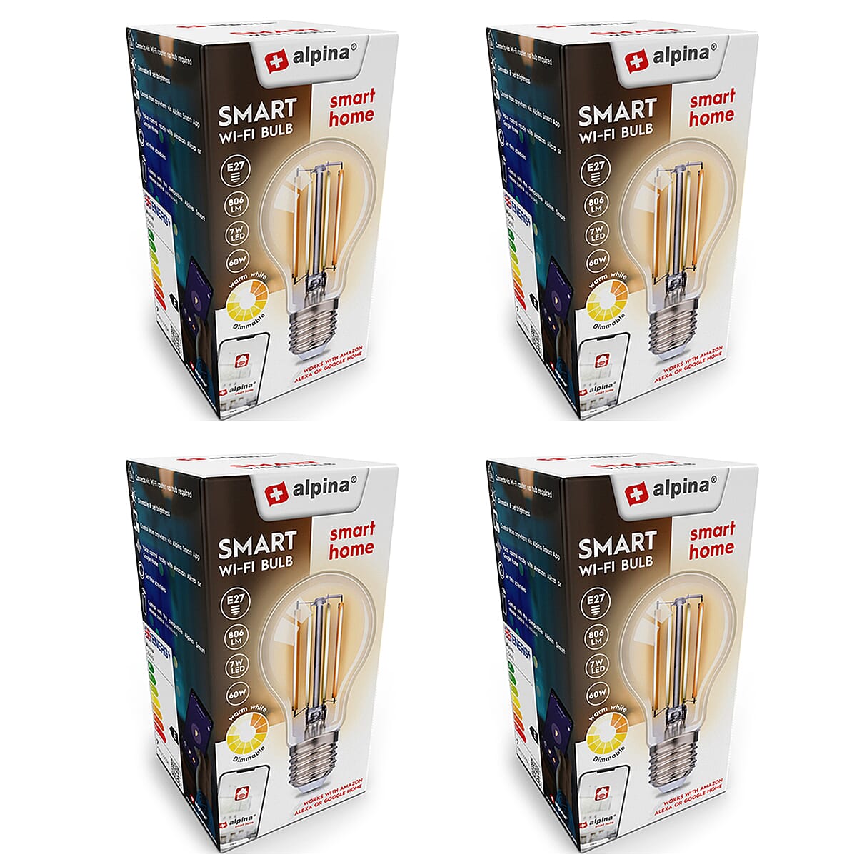 Pack of 4 - Alpina RGB Smart Wi-Fi Bulb E27 7W - Retro Style