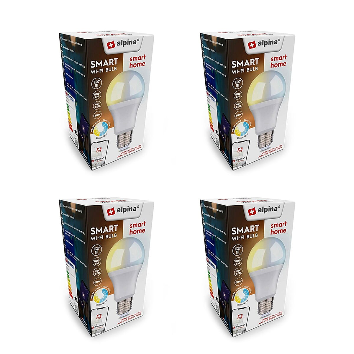 Pack of 4 - Alpina RGB Smart Wi-Fi Bulb E27 9W - White