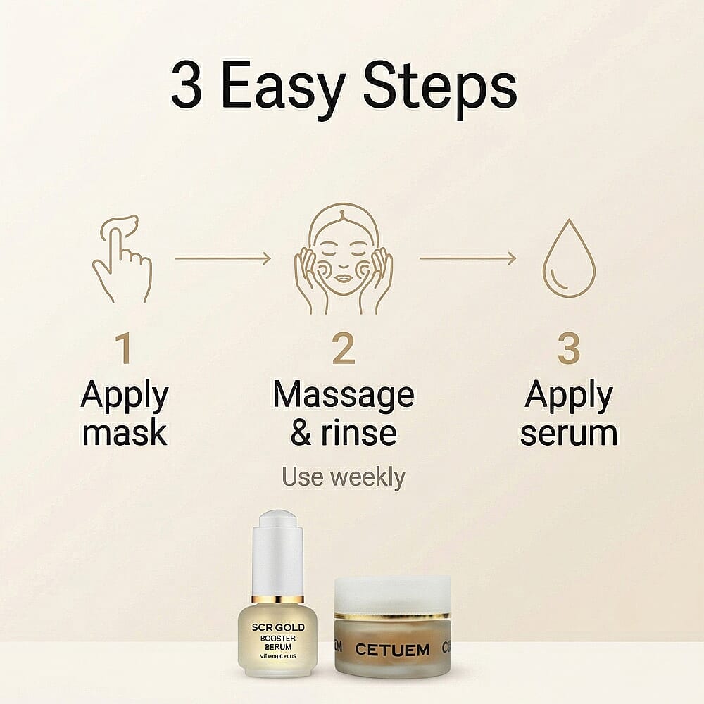 Cetuem Radiance Duo - Exfoliating Mask 50ml and SCR Gold Booster Serum With Vitamin C Plus 15ml