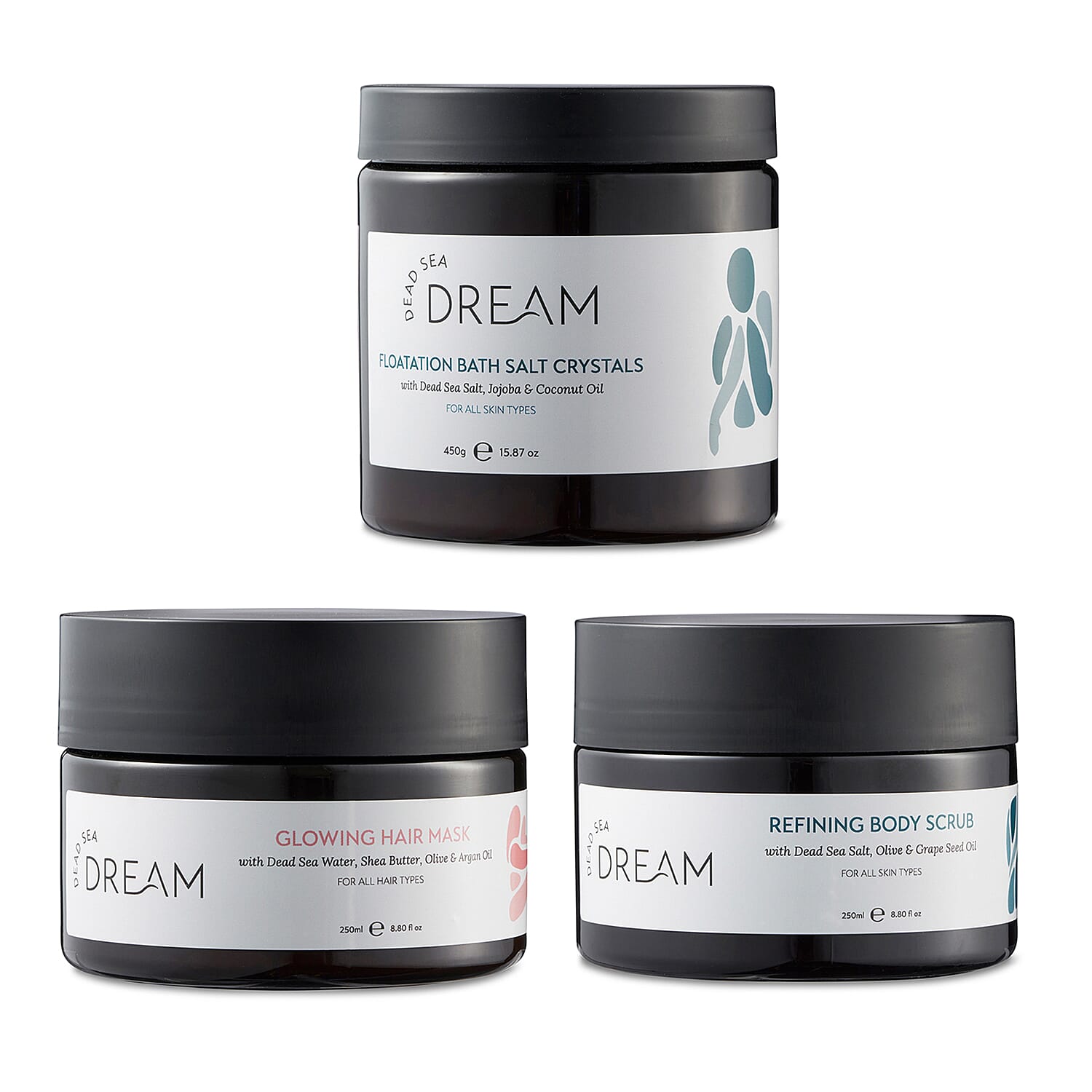 Dead Sea Dream Spa Trio - Glowing Hair Mask 250ml, Refining Body Scrub 250ml and Floatation Bath Salt Crystals 450g