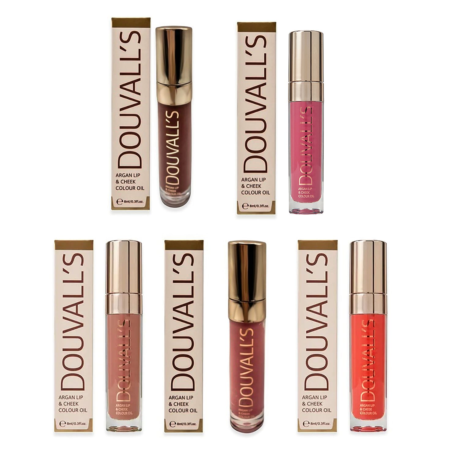 Douvallis Colour Drip - Lip and Cheek Colour Oils in French Nude, Pink, Rouge Noir, Some Like It Hot and Enchanted Spice