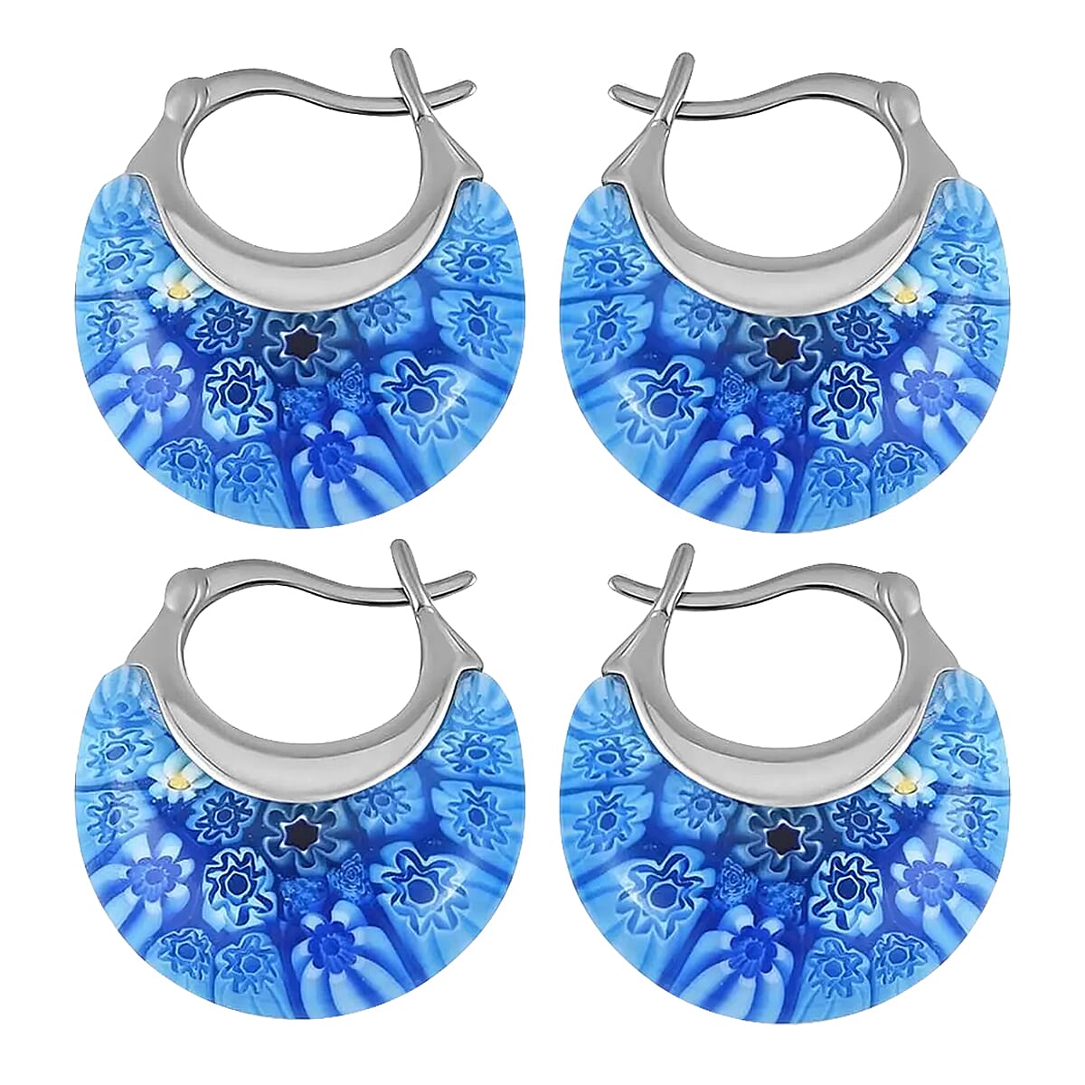 Set of 2 - Blue Colour Murano Style Basket Earrings in Stainless Steel