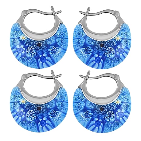 Set of 2 - Blue Colour Murano Style Basket Earrings in Stainless Steel