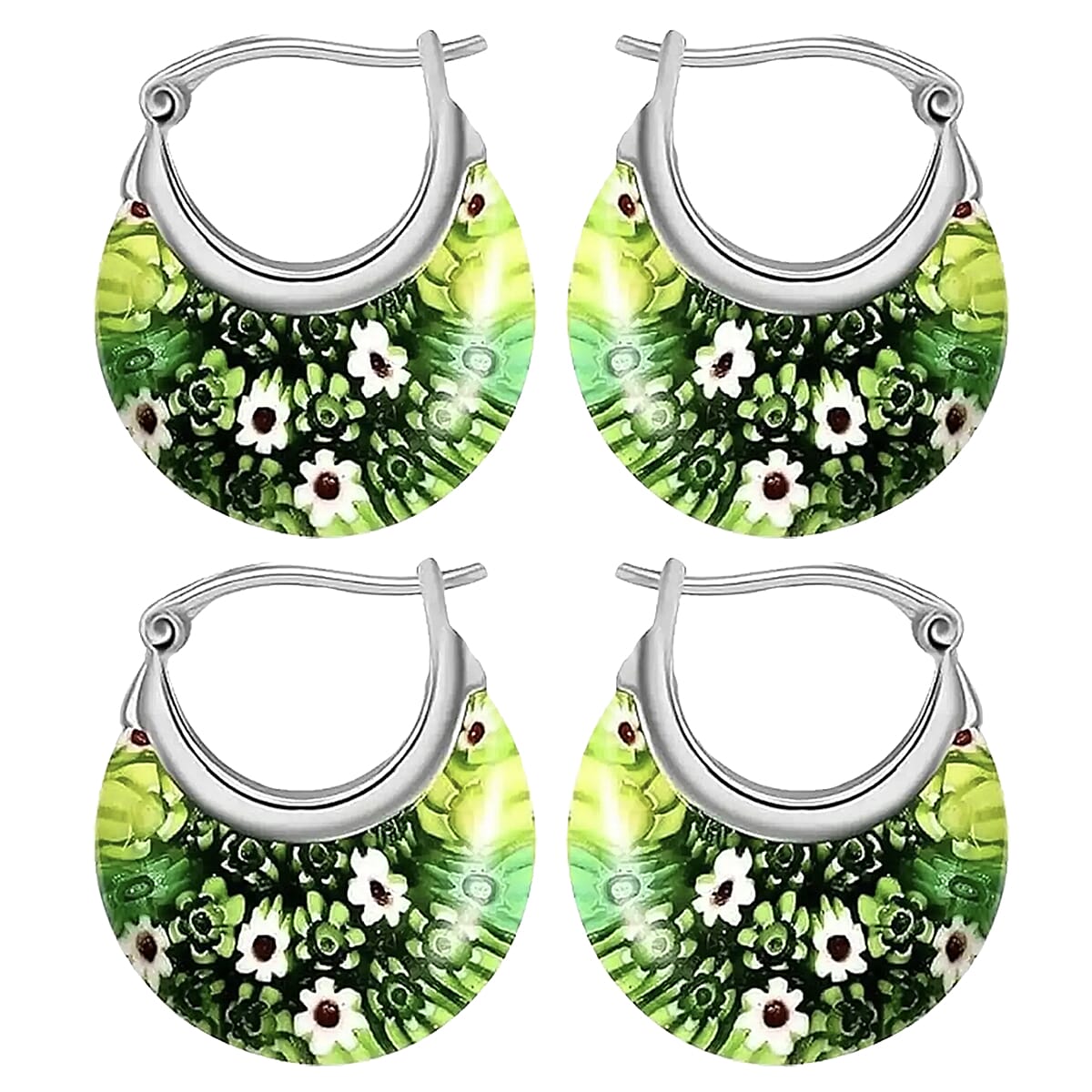 Set of 2 - Green Colour Murano Style Basket Earrings in Stainless Steel
