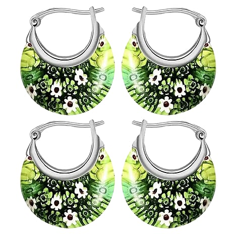 Set of 2 - Green Colour Murano Style Basket Earrings in Stainless Steel