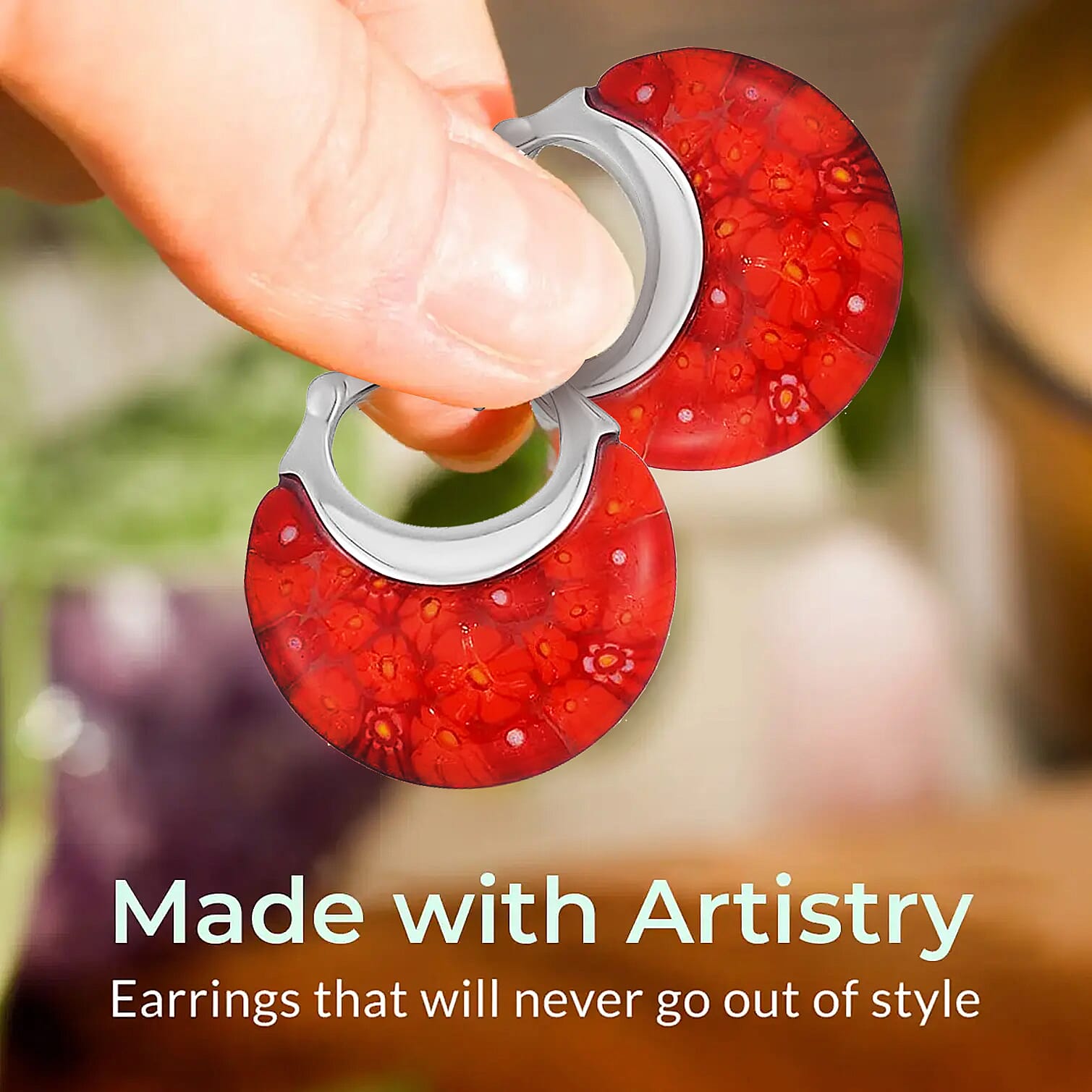 Set of 2 - Red and Yellow Colour Murano Style Basket Earrings in Stainless Steel