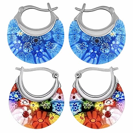 Set of 2 - Multi Colour and Blue Murano Style Basket Earrings in Stainless Steel