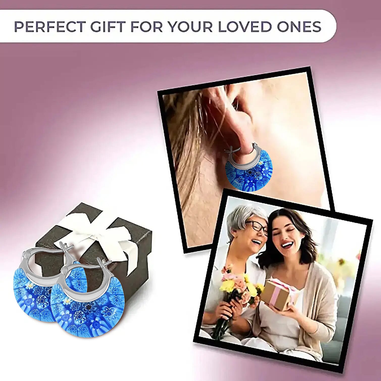 Set of 2 - Multi Colour and Blue Murano Style Basket Earrings in Stainless Steel