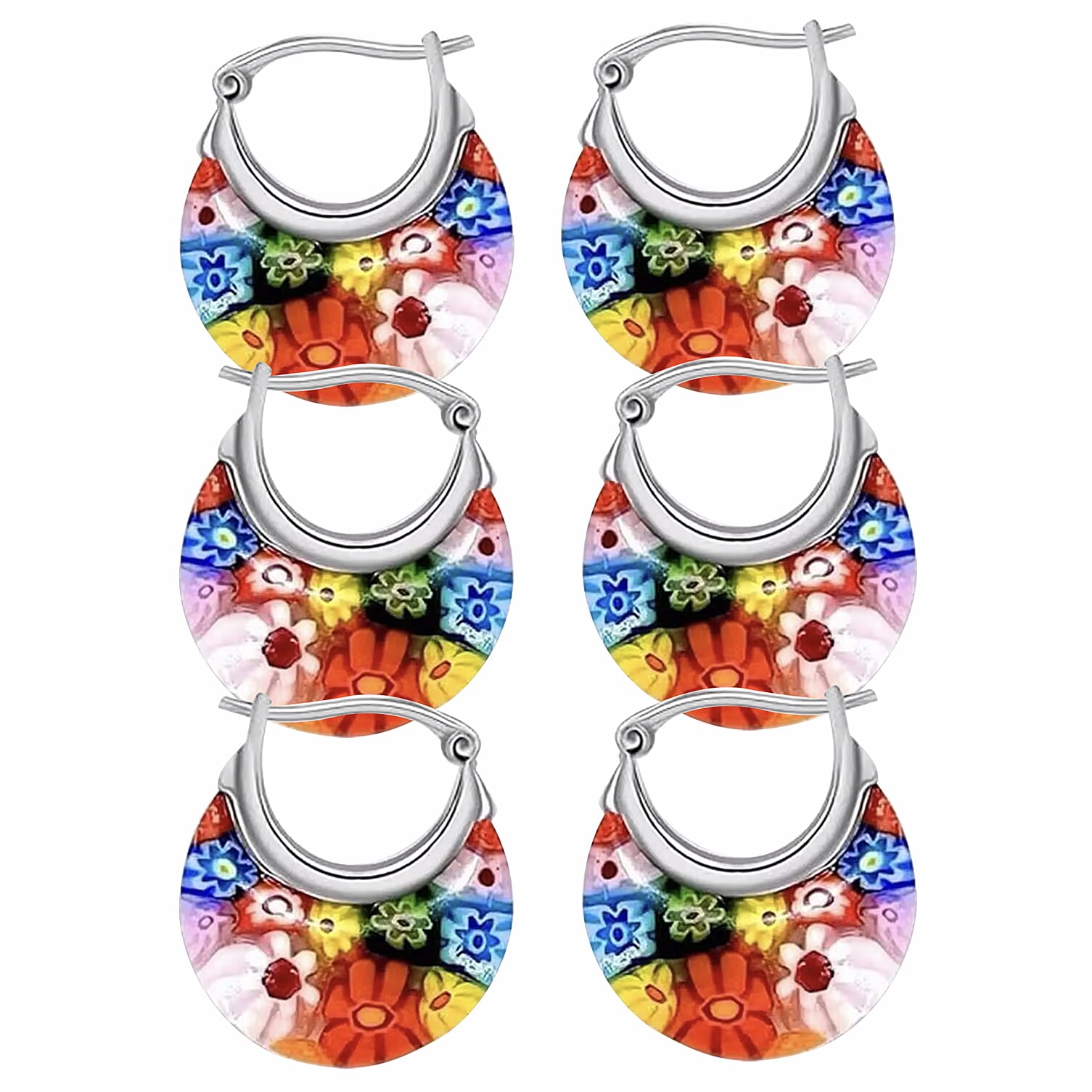 Set of 3 - Multi Colour Murano Style Basket Earrings in Stainless Steel