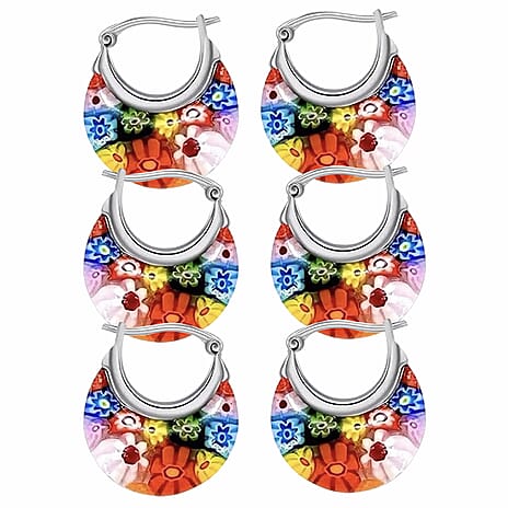 Set of 3 - Multi Colour Murano Style Basket Earrings in Stainless Steel