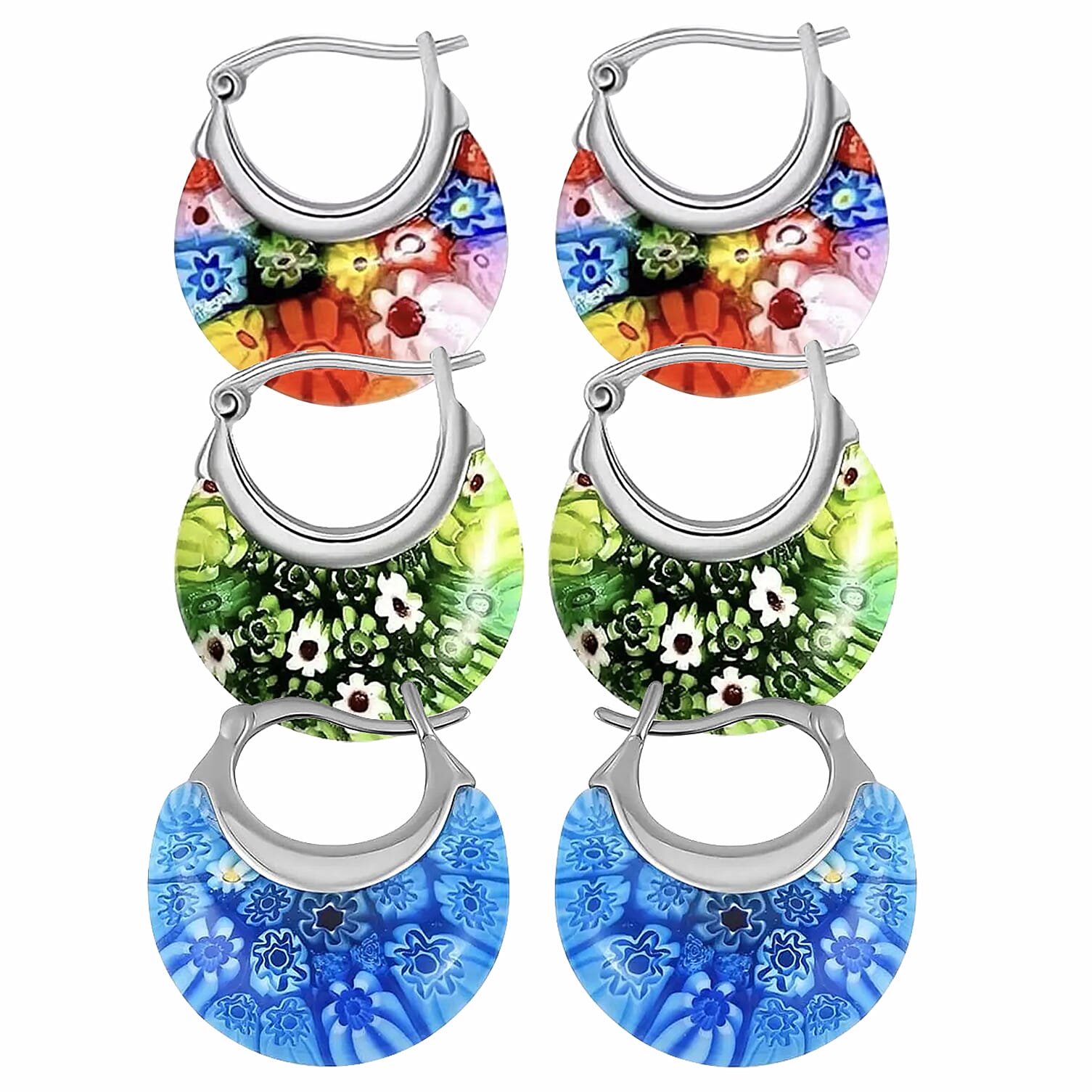 Set of 3 - Multi Colour, Green, and Blue Murano Style Basket Earrings in Stainless Steel
