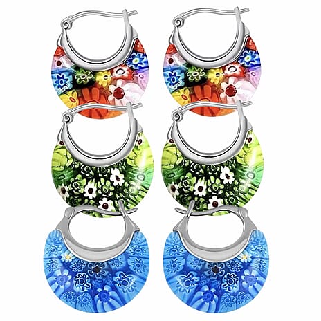 Set of 3 - Multi Colour, Green, and Blue Murano Style Basket Earrings in Stainless Steel