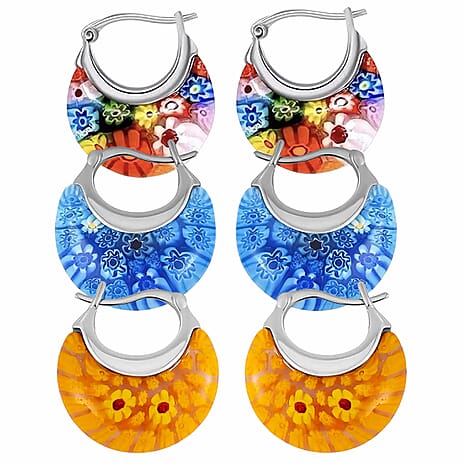 Set of 3 - Multi Colour, Blue and Yellow Murano Style Basket Earrings in Stainless Steel