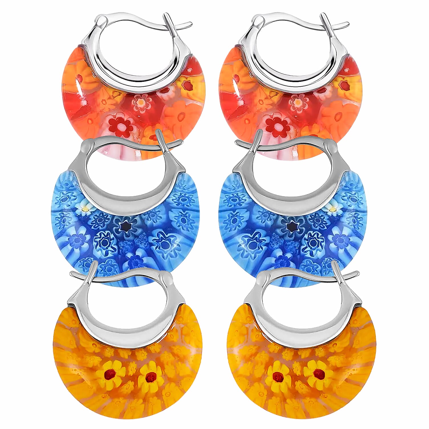 Set of 3 - Orange, Blue and Yellow Colour Murano Style Basket Earrings in Stainless Steel