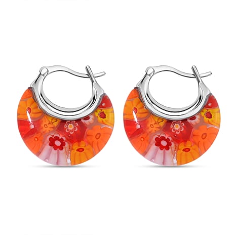 Set of 3 - Orange, Blue and Yellow Colour Murano Style Basket Earrings in Stainless Steel