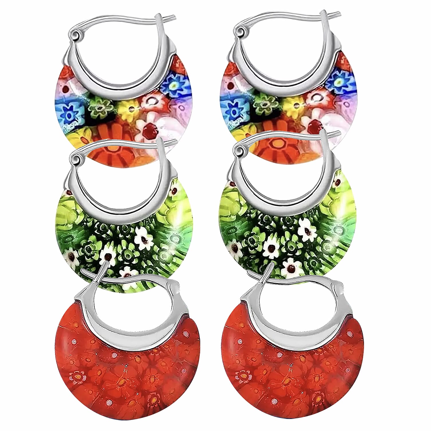 Set of 3 - Multi Colour, Green and Red Murano Style Basket Earrings in Stainless Steel