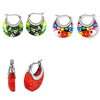 Set of 3 - Multi Colour, Green and Red Murano Style Basket Earrings in Stainless Steel