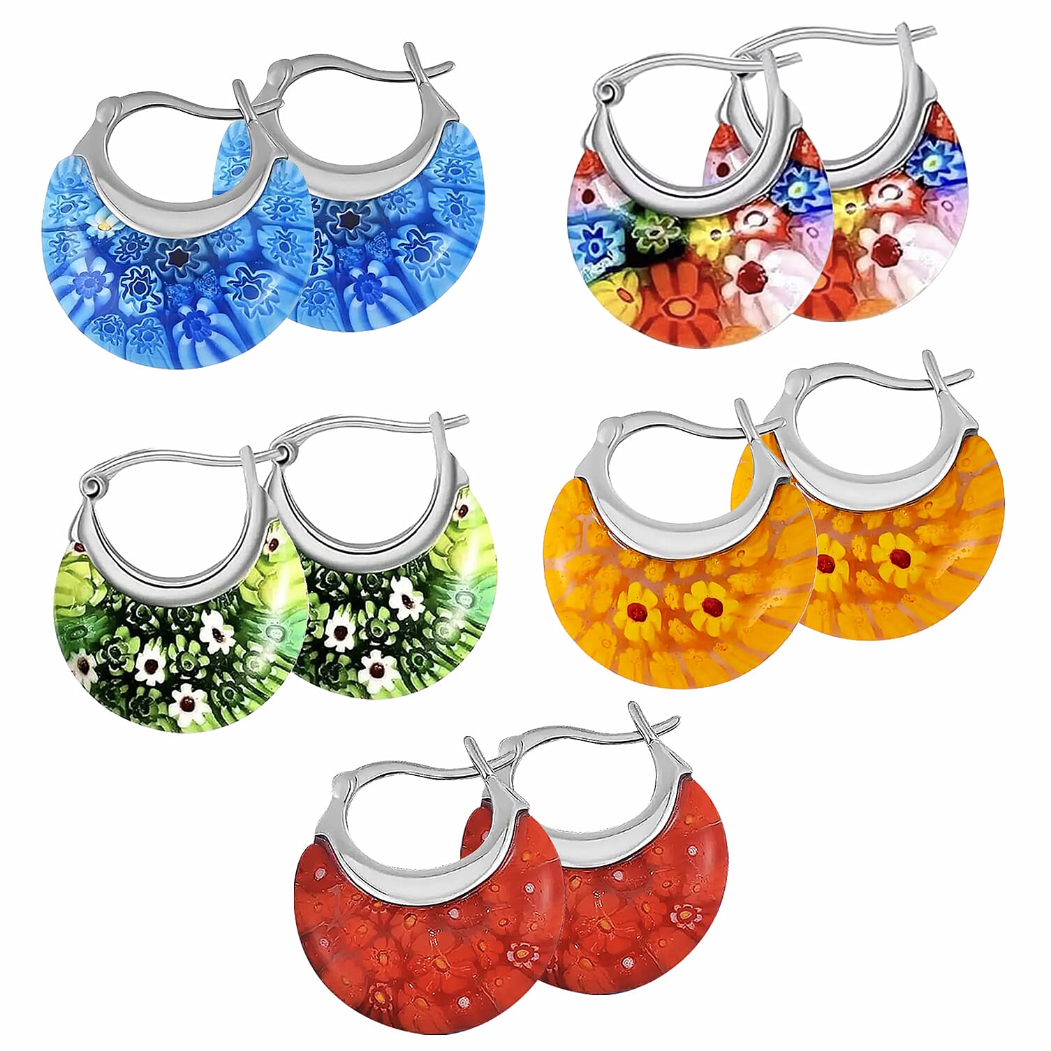 Set of 5 - Multi Colour, Green, Blue, Red and Yellow Murano Style Basket Earrings in Stainless Steel