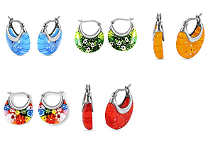 Set of 5 - Multi Colour, Green, Blue, Red and Yellow Murano Style Basket Earrings in Stainless Steel