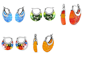Set of 5 - Multi Colour, Green, Blue, Yellow and Orange Murano Style Basket Earrings in Stainless Steel