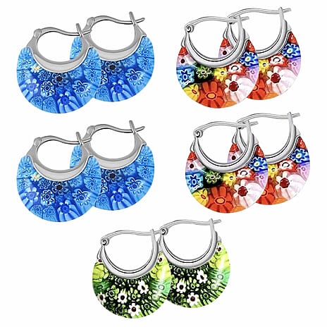 Set of 5 - Multi Colour, Blue and Green Murano Style Basket Earrings in Stainless Steel