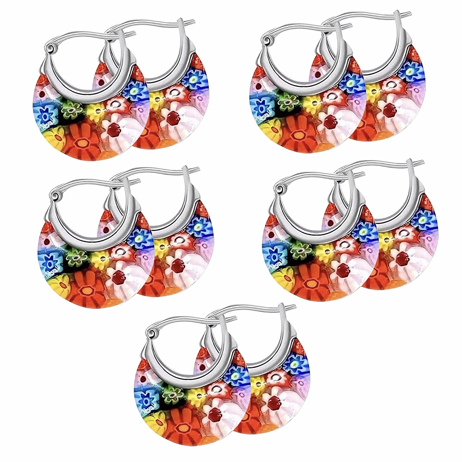 Set of 5 - Multi Colour Murano Style Basket Earrings in Stainless Steel