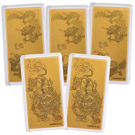 Set of 5 - Three 24K Yellow Gold Dragon & Two 24K Yellow Gold Pixiu Pattern Foils