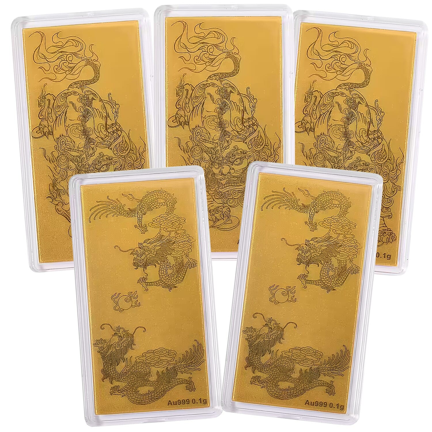 Set of 5 - Three 24K Yellow Gold Pixiu & Two 24K Yellow Gold Dragon Pattern Foils
