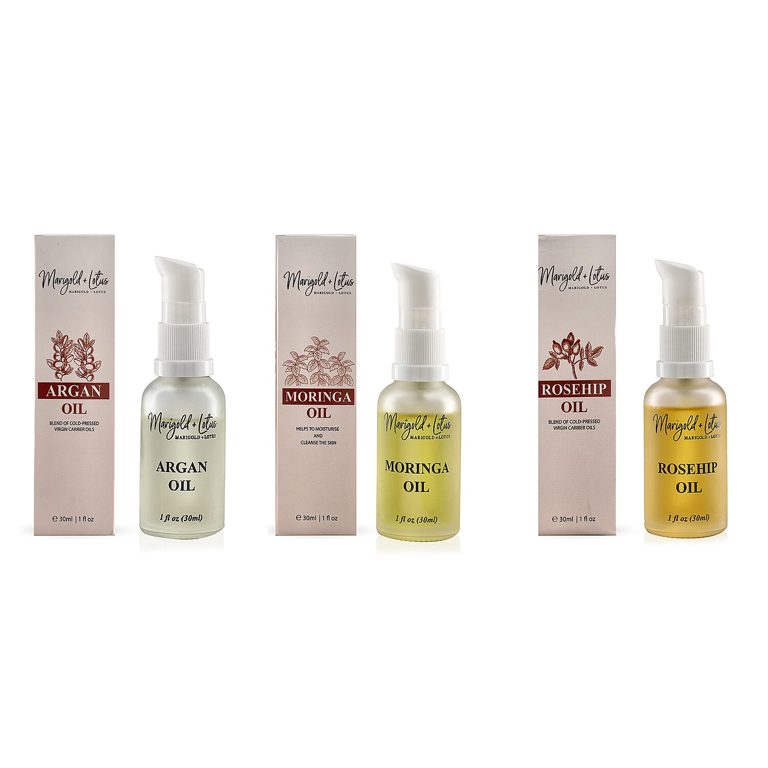 Marigold and Lotus Oils - Rosehip, Argan, Moringa Oils - 30ml each