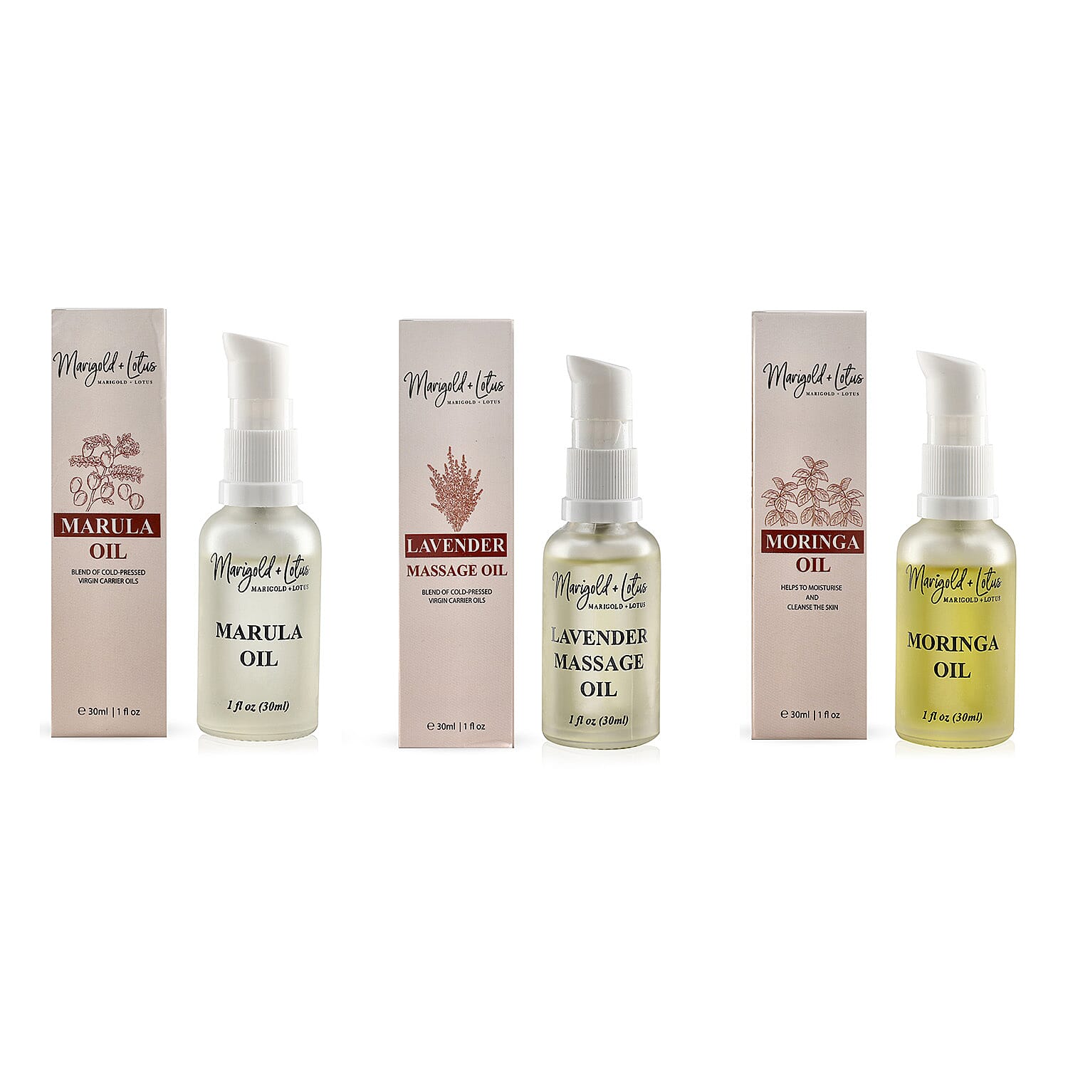 Marigold & Lotus Marula Moringa and Lavender Oils 30ml Each