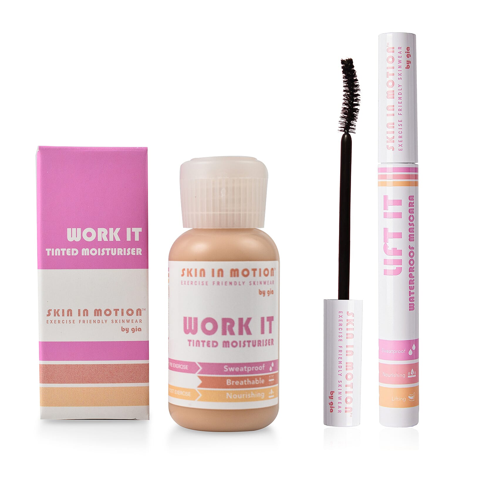 Skin In Motion- Tinted Moisturiser Shade 3 with Rock & Roll Beauty Tool and Lift It Waterproof Mascara