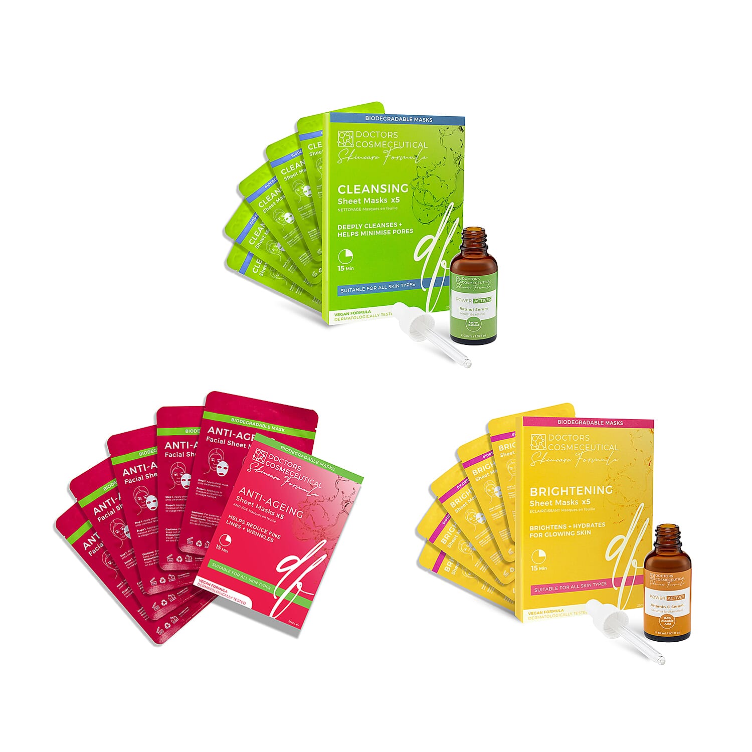 Doctors Formula Ultimate Facial Therapy - Brightening Treatment, Anti-Ageing and Cleansing Treatment Sheet Masks (5 each) with FREE Power Active Vitamin C Serum and Retinol Serum