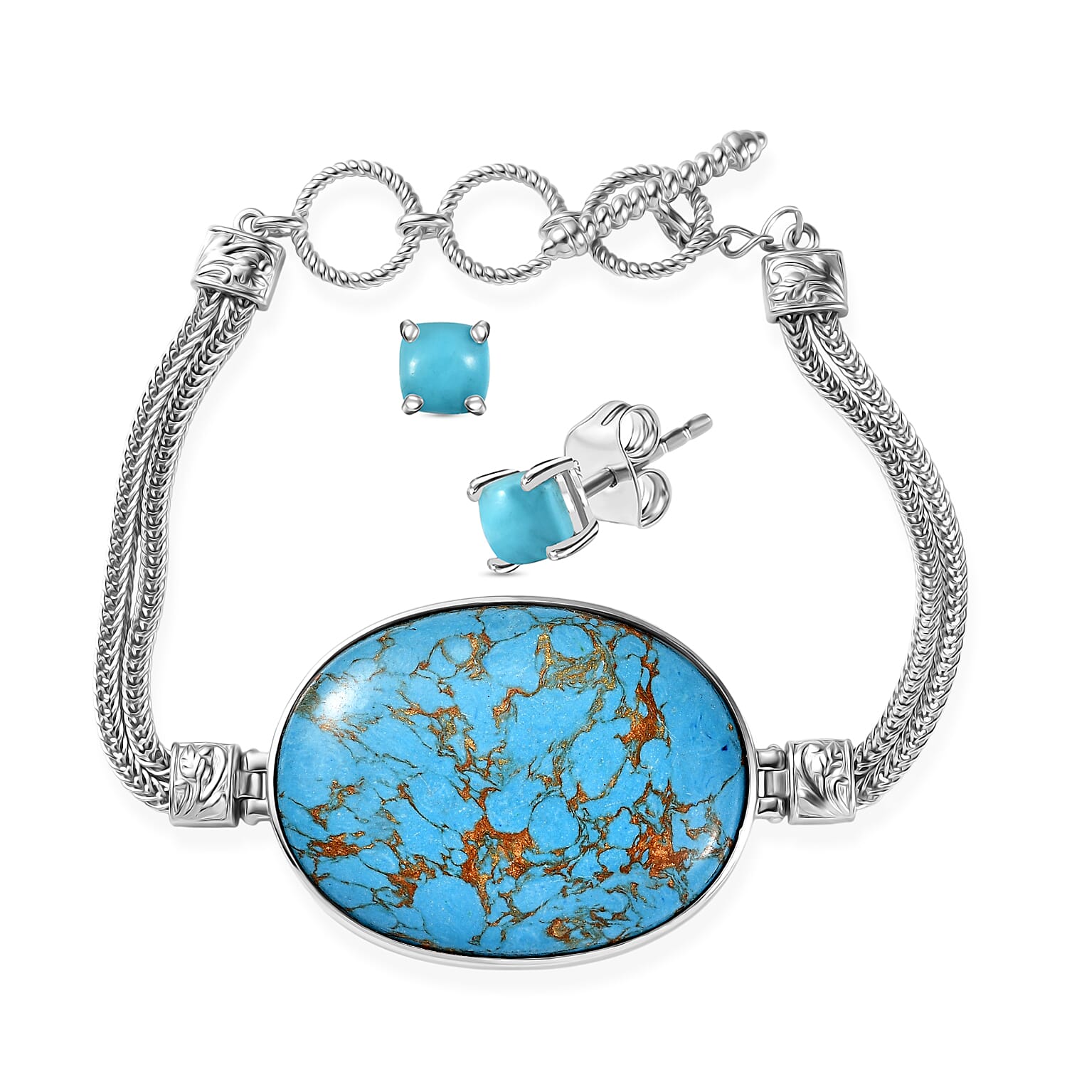 Tucson Find- BlueTurquoise (OV 40x30) Bracelet (Size - 7.5) with Toggle Lock  53.85 Ct.WITH EARRINGS