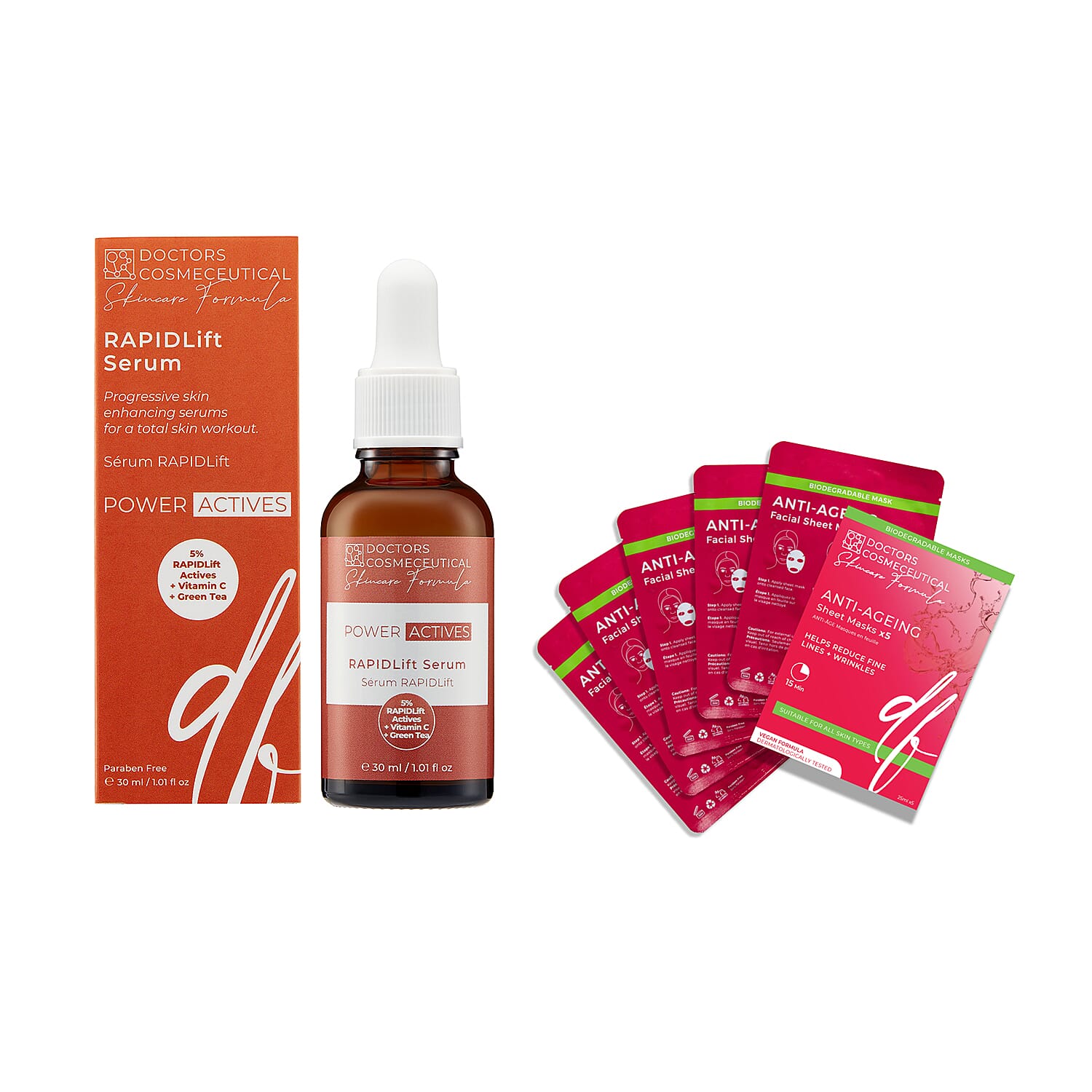 Doctors Formula - Rapid Lift Serum - 30mL and Anti-Ageing Sheet Mask - Pack of 5