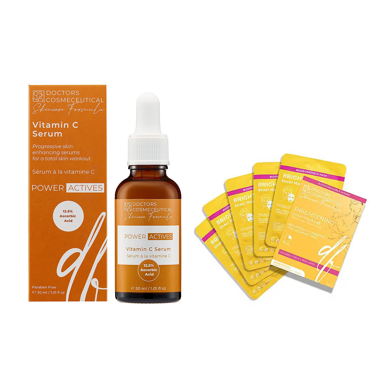 Doctors Formula - Power Active Vitamin C Serum - 30mL and Brightening Treatment Mask - Pack of 5