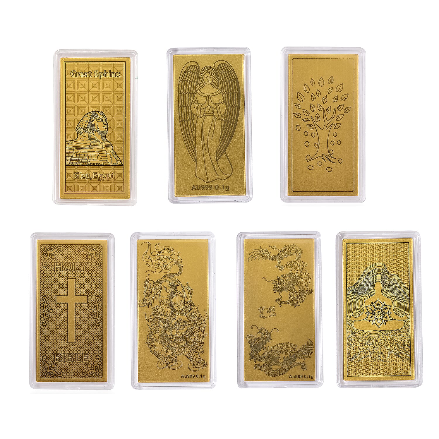Set of 7 - 24K Yellow Gold Dragon, Pixiu, Elephant, Tree of Life, Chakras, Bible & Angel Pattern Foils