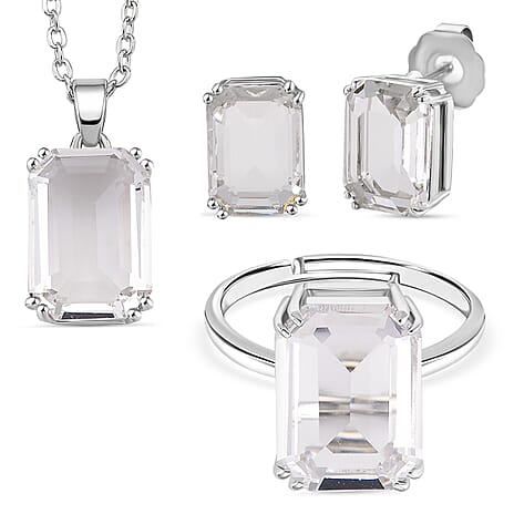 Austrian Crystal Set - Solitaire Adjustable Ring, Pendant with Chain (Size 20-2 Ext) with Lobster Clasp and Earring in Silver Tone