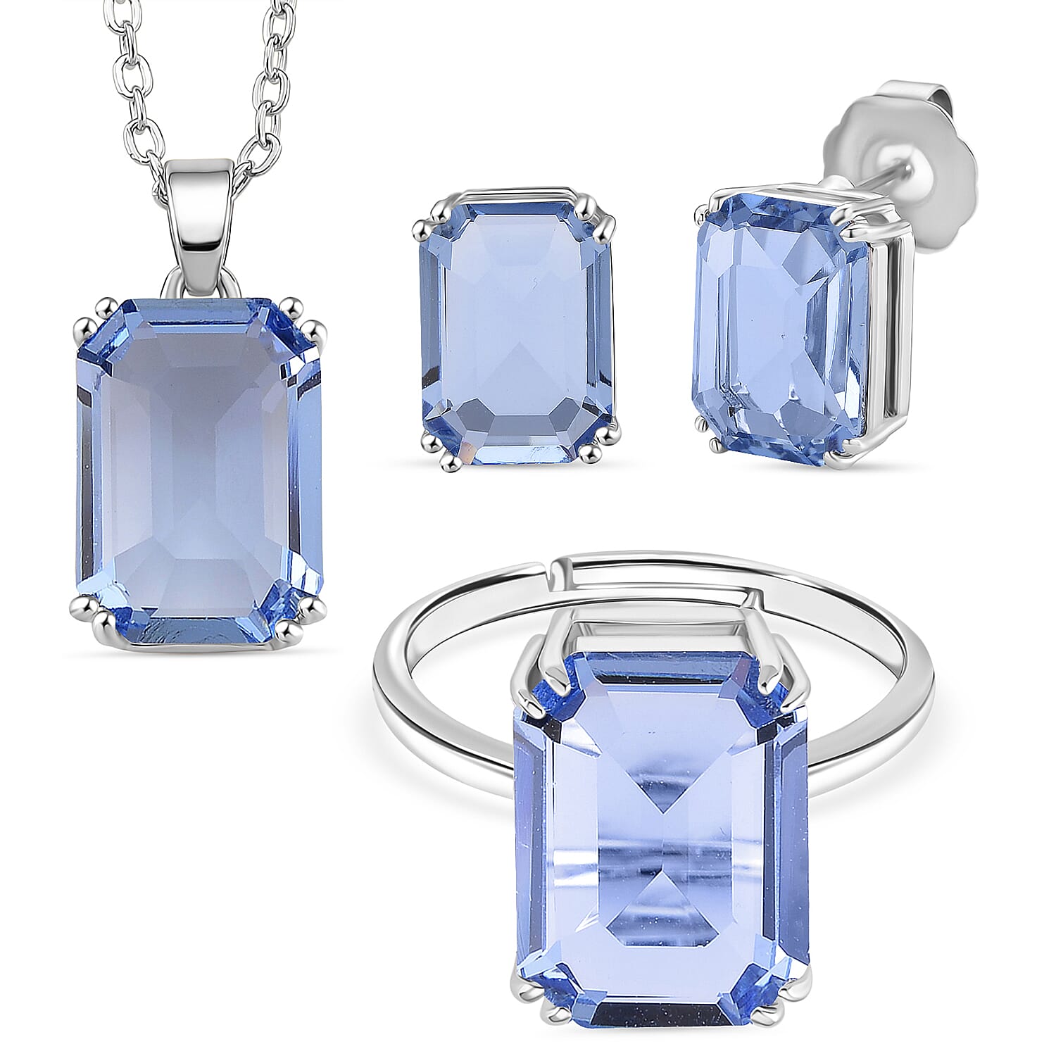 Austrian Crystal Set - Solitaire Adjustable Ring, Earrings, & Pendant with Chain