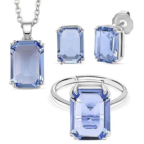 Austrian Blue Crystal Set - Solitaire Adjustable Ring, Pendant with Chain (Size 20-2 Ext) with Lobster Clasp and Earring in Silver Tone