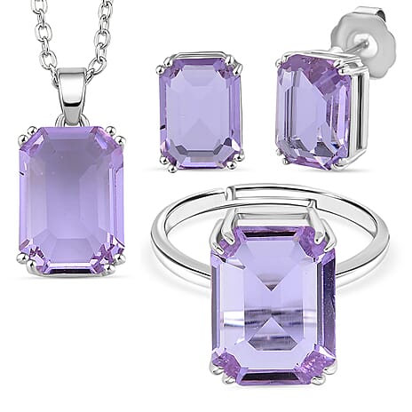 Austrian Purple Crystal Set - Solitaire Adjustable Ring, Pendant with Chain (Size 20-2 Ext) with Lobster Clasp and Earring in Silver Tone