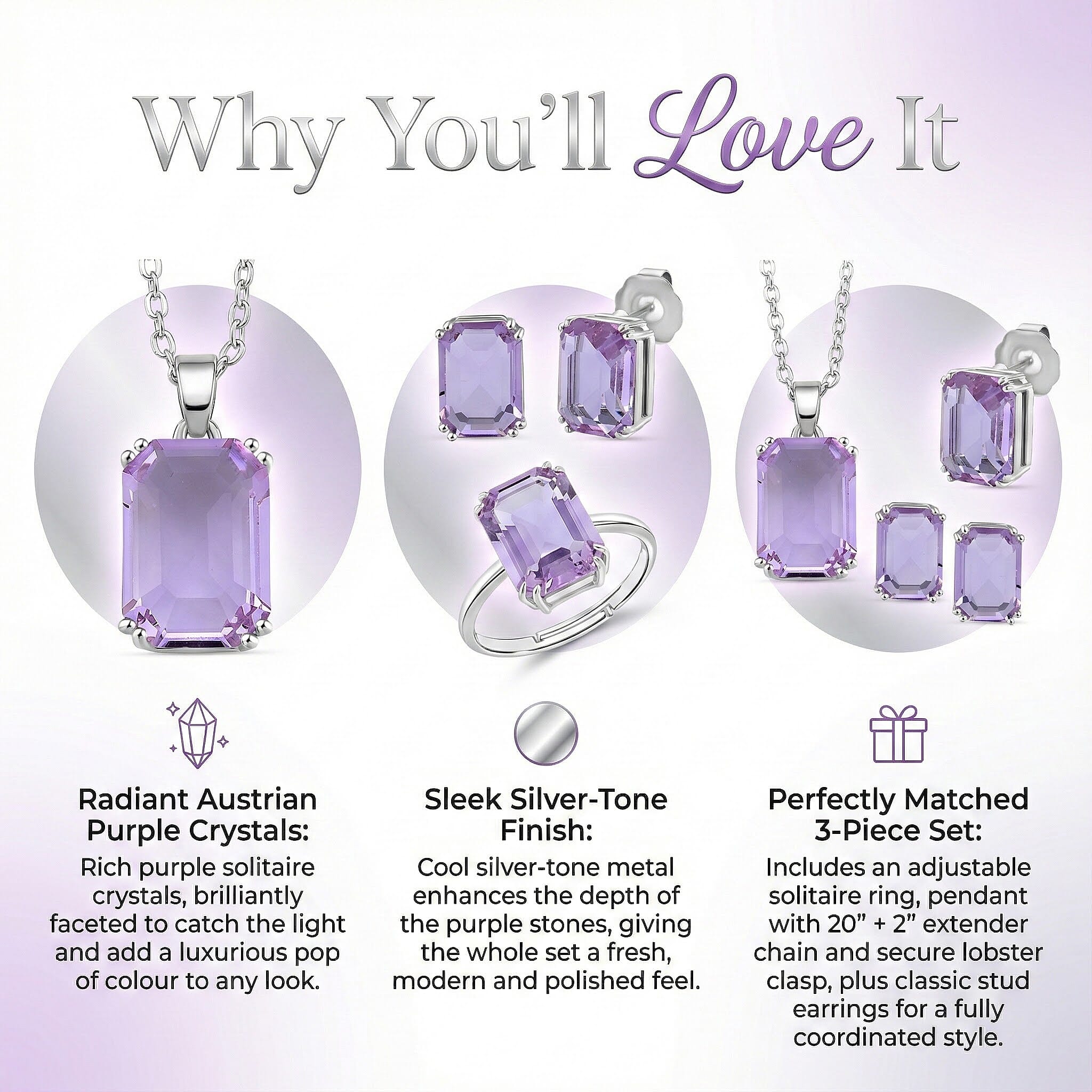 Austrian Crystal Set - Solitaire Adjustable Ring, Earrings, & Pendant with Chain