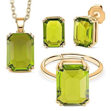Austrian Green Crystal Set - Solitaire Adjustable Ring, Pendant with Chain (Size 20-2 Ext) with Lobster Clasp and Earring in Yellow Gold Tone