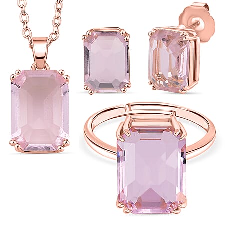 Austrian Pink Crystal Set - Solitaire Adjustable Ring, Pendant with Chain (Size 20-2 Ext) with Lobster Clasp and Earring in Rose Gold Tone
