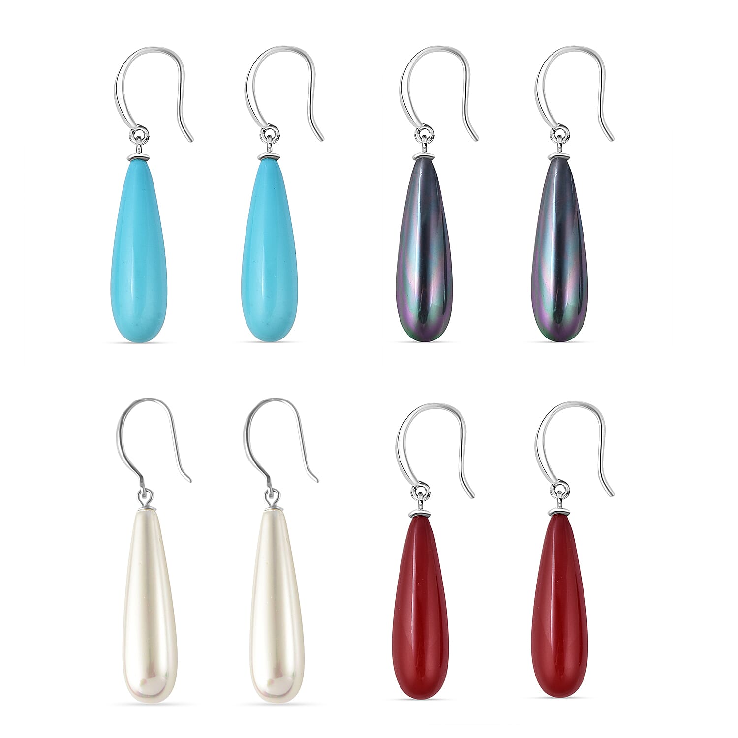 Set of 4 - Shell Pearl Drop Earrings with Hook in Rhodium Overlay Sterling Silver - Sleeping Beauty, White, Red & Peacock Colours