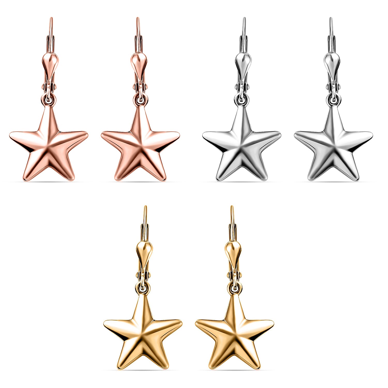 Set of 3 - Star Lever Back Earrings in Sterling Silver with 18K Vermeil Yellow Gold, Platinum & 18K Vermeil Rose Gold Platings