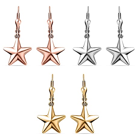 Set of 3 - Star Lever Back Earrings in Sterling Silver with 18K Vermeil Yellow Gold, Platinum & 18K Vermeil Rose Gold Platings