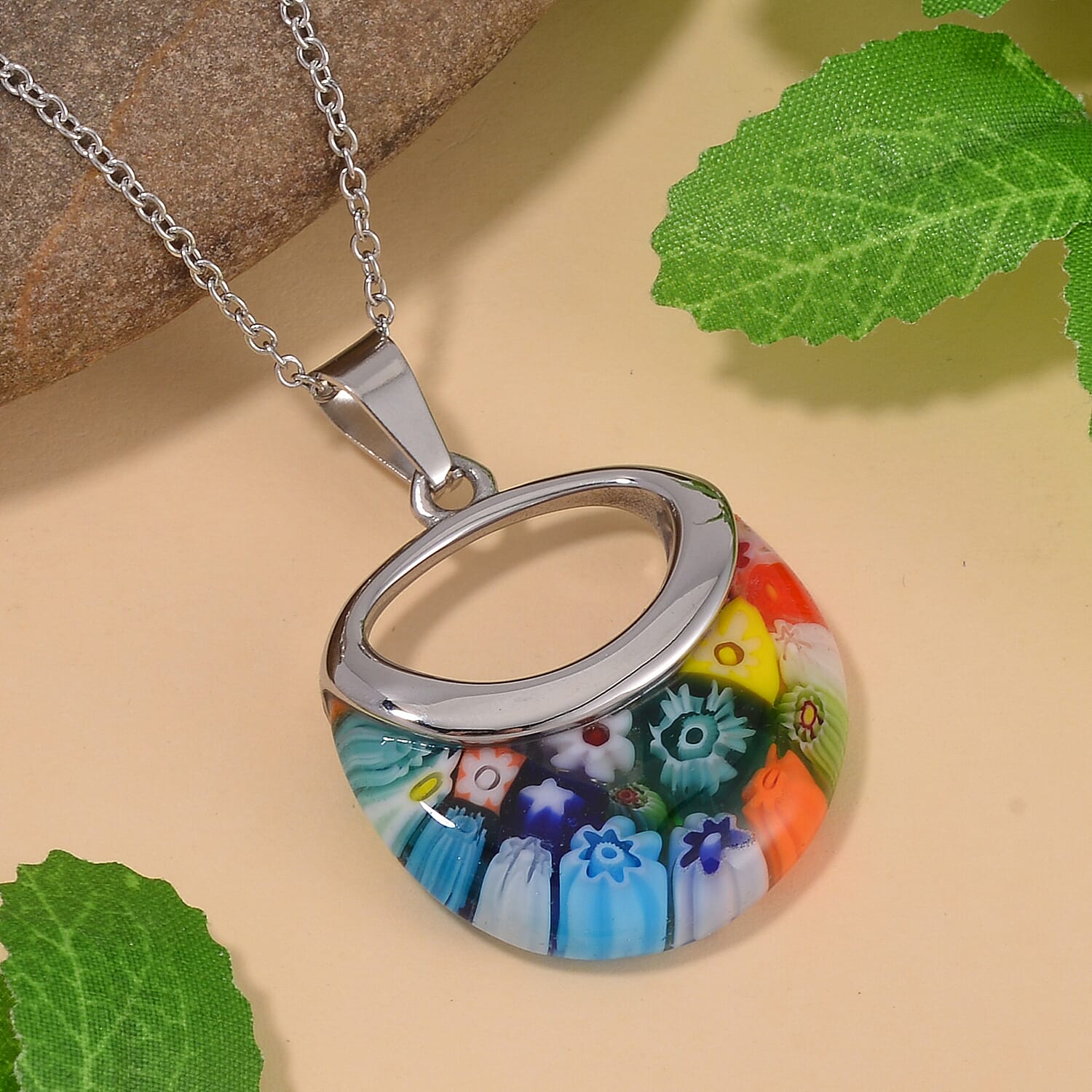 Set of 8 - Murano Style Necklace (Size - 24) Pure White Stainless Steel in Blue, Red, Yellow, Green, Orange, Black & 2 Multi Colours