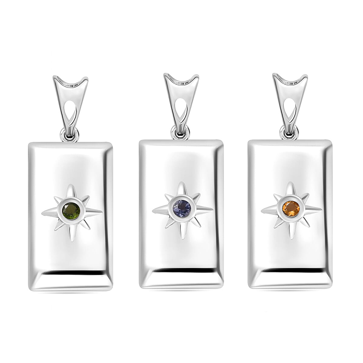 Set of 3 - Fire Opal, Natural Chrome Diopside & Iolite Ingot Bar Pendant in Sterling Silver