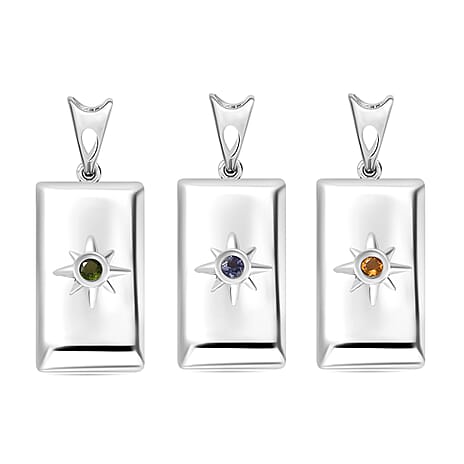 Set of 3 - Fire Opal, Natural Chrome Diopside & Iolite Ingot Bar Pendant in Sterling Silver
