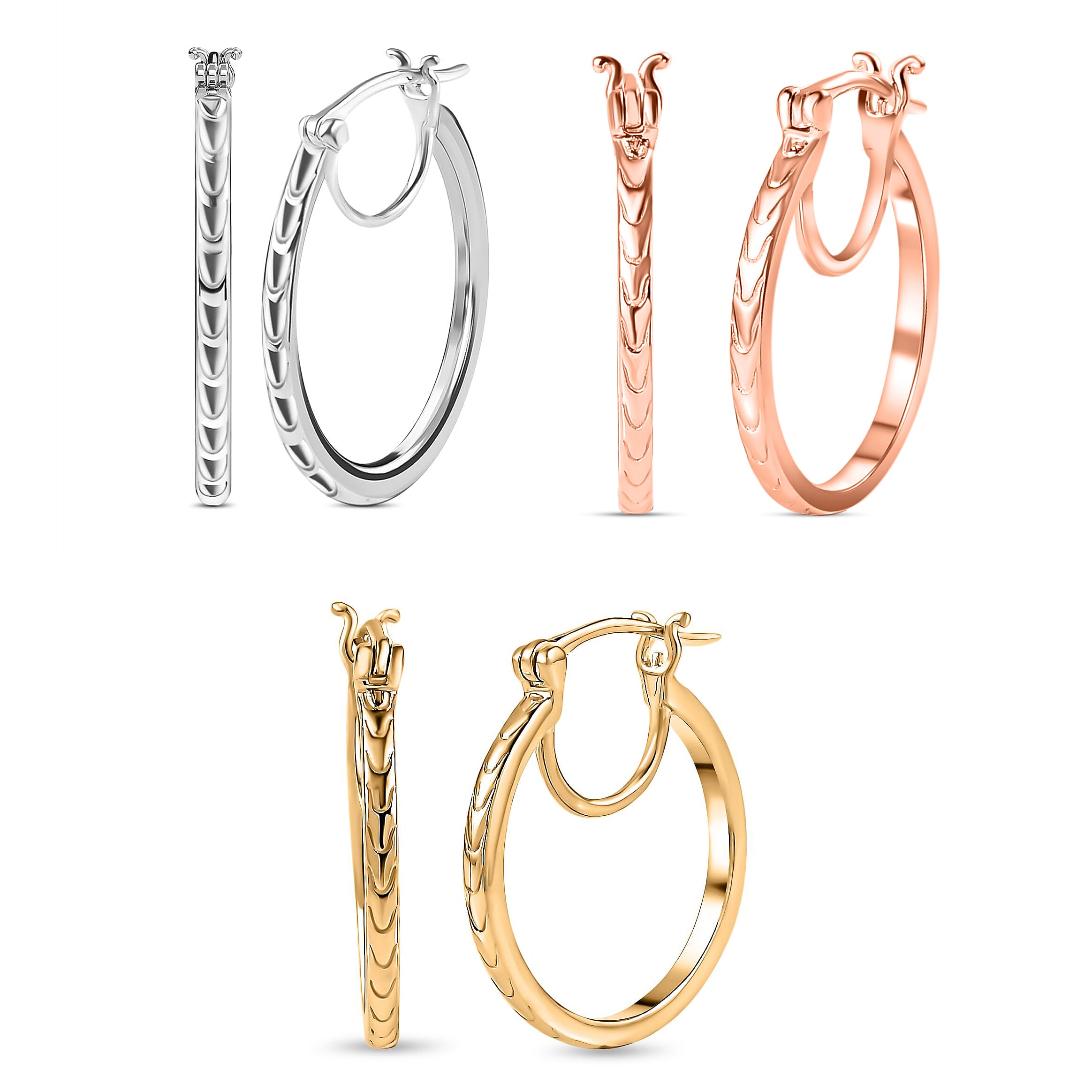 Set of 3 - Sterling Silver, 18K Vermeil Yellow Gold Plated Sterling Silver & 18K Vermeil Rose Gold Plated Sterling Silver Hoop Earrings